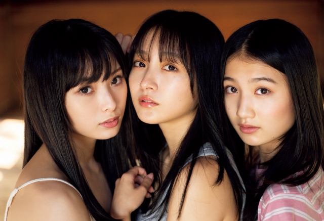 『週刊プレイボーイ』49号に登場するNMB48(左から)梅山恋和、山本彩加、塩月希依音(C)YOROKOBI/週刊プレイボーイ