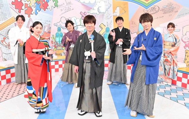 3日放送『ウッチャン式』に出演する(前列左から)福地桃子、MCの内村光良、髙橋優斗(HiHi Jets/ジャニーズJr.)後列左からシュウペイ(ぺこぱ)、松陰寺太勇(ぺこぱ)、川島明(麒麟)、野村彩也子アナウンサー (C)TBS