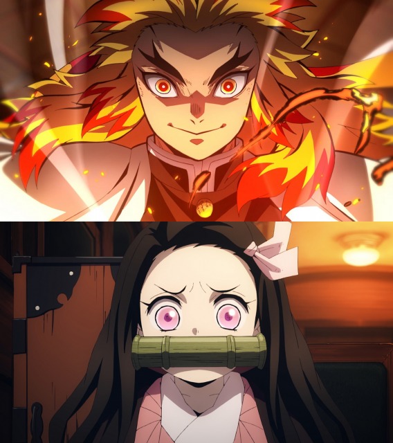 人気キャラクター・煉獄(上)と禰豆子(下)=『劇場版「鬼滅の刃」無限列車編』の場面カット(C)吾峠呼世晴/集英社・アニプレックス・ufotable