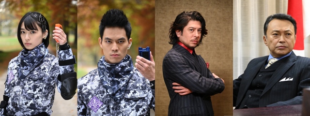 Vシネクスト『ゼロワン Others 仮面ライダー滅亡迅雷』に出演する(左から)成海唯、管原健、ジェイ・ウエスト、相島一之(C)2021 石森プロ・ ADK EM ・バンダイ・東映ビデオ・東映 (C)2019 石森プロ・テレビ朝日・ ADK EM ・東映