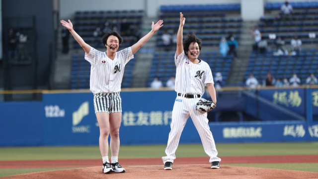 千葉ロッテマリーンズの始球式に登場したぺこぱ 写真提供:千葉ロッテマリーンズ
