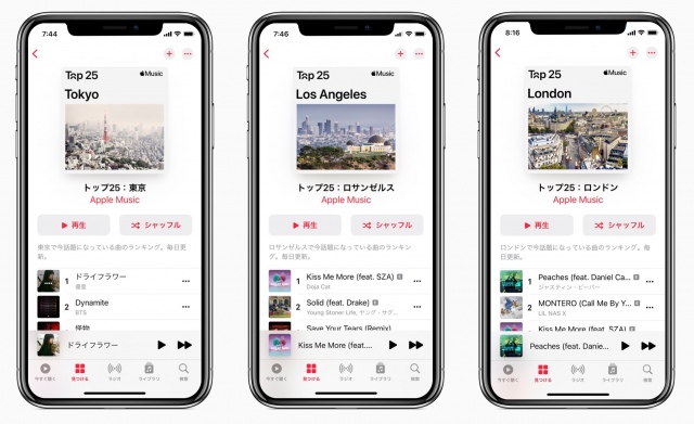 Apple Musicのランキングページで公開された都市別ランキングイメージ(左から)東京、ロサンゼルス、ロンドン