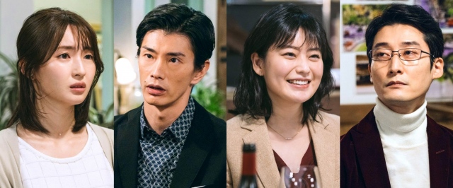 『シェフは名探偵』第1話ゲスト(左から)井上小百合、玉置玲央、冨手麻妙、奥田洋平 (C)「シェフは名探偵」製作委員会」