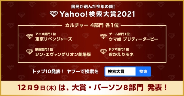 『Yahoo!検索大賞2021』第一弾「カルチャーカテゴリー」4部門を発表