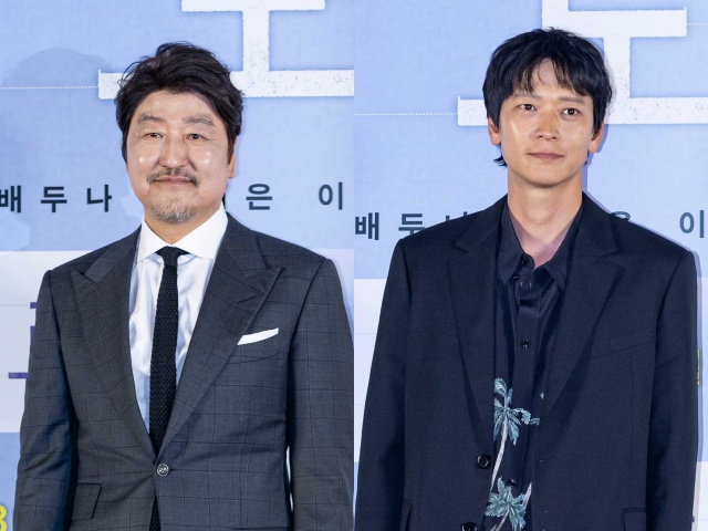 映画『ベイビー・ブローカー』（6月24日公開）制作報告会に登壇した（左から）ソン・ガンホ、カン・ドンウォン